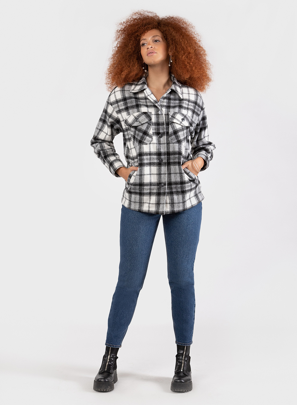 BLACK TAPE BUTTON FRONT PLAID OVERSHIRT