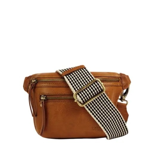 O MY BAG BECKS BUM BAG -COGNAC STROMBOLI LEATHER CHECKERED STRAP