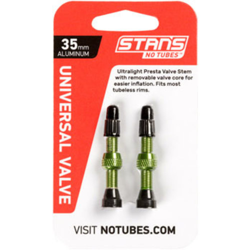 Stan's No Tubes Stan's NoTubes Alloy Valve Stems - 35mm, Pair, Green Stan's No Tubes Stan's NoTubes Alloy Valve Stems - 35mm, Pair, Green