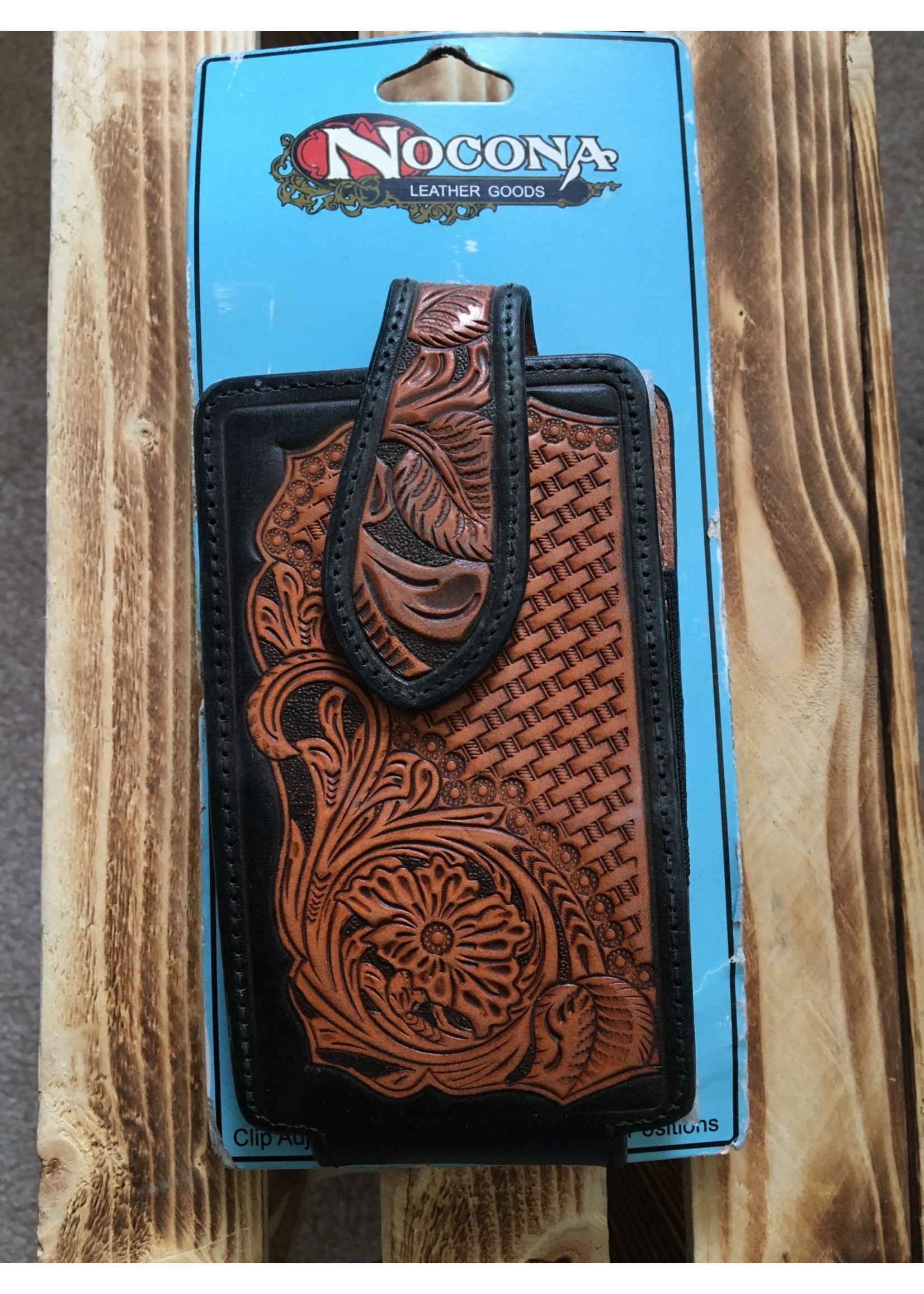 NOCONA TAN LEATHER FLORAL AND BASKET TOOLED CELL PHONE CASE