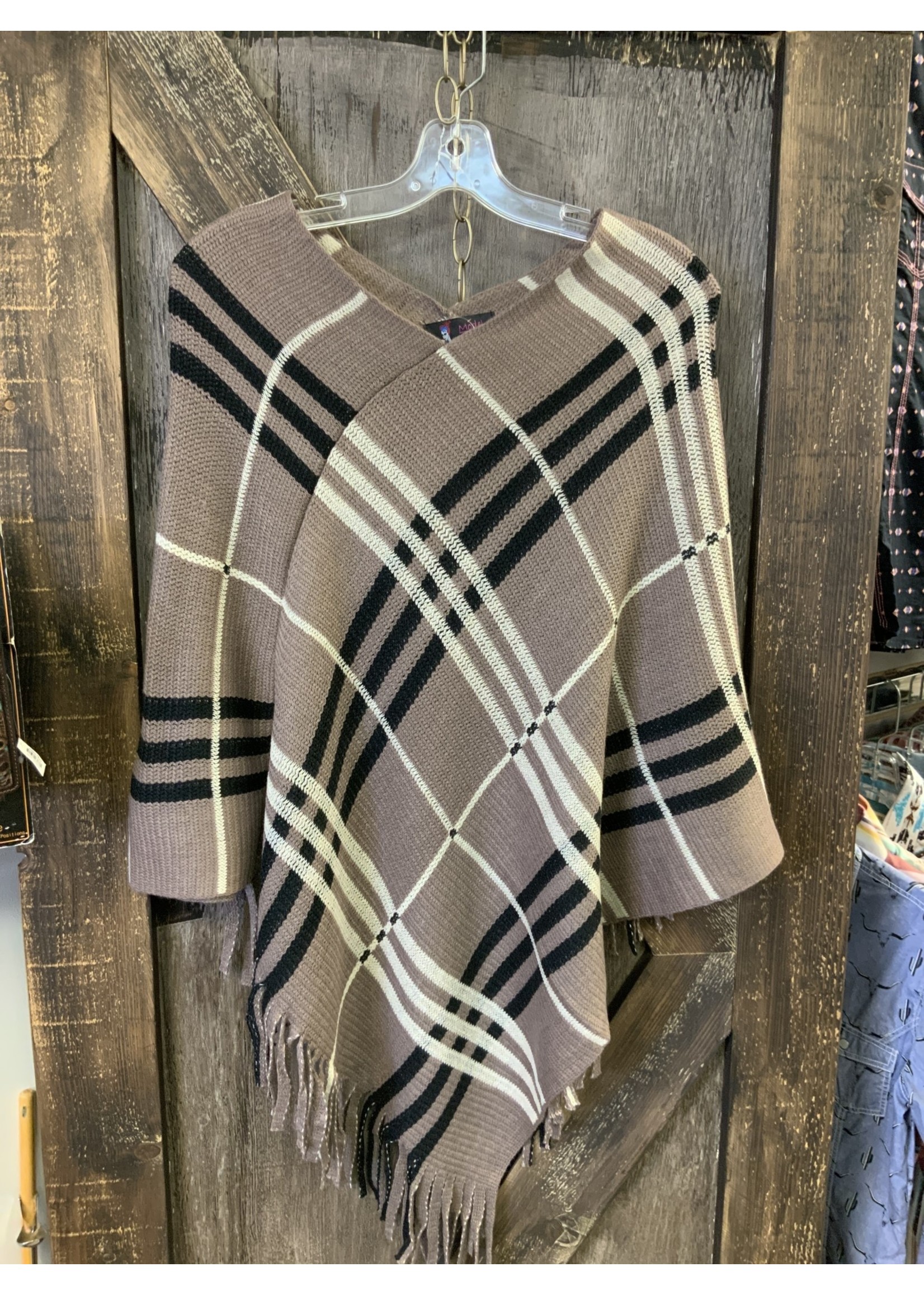 LADIES CHECKERED PONCHO TAUPE