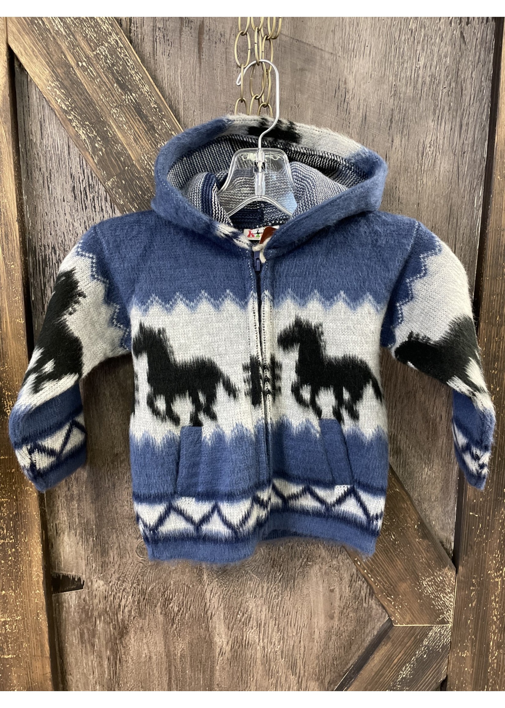 BOY’S BLUE/GREY FULL ZIP HOODED HORSE SWEATER JACKET