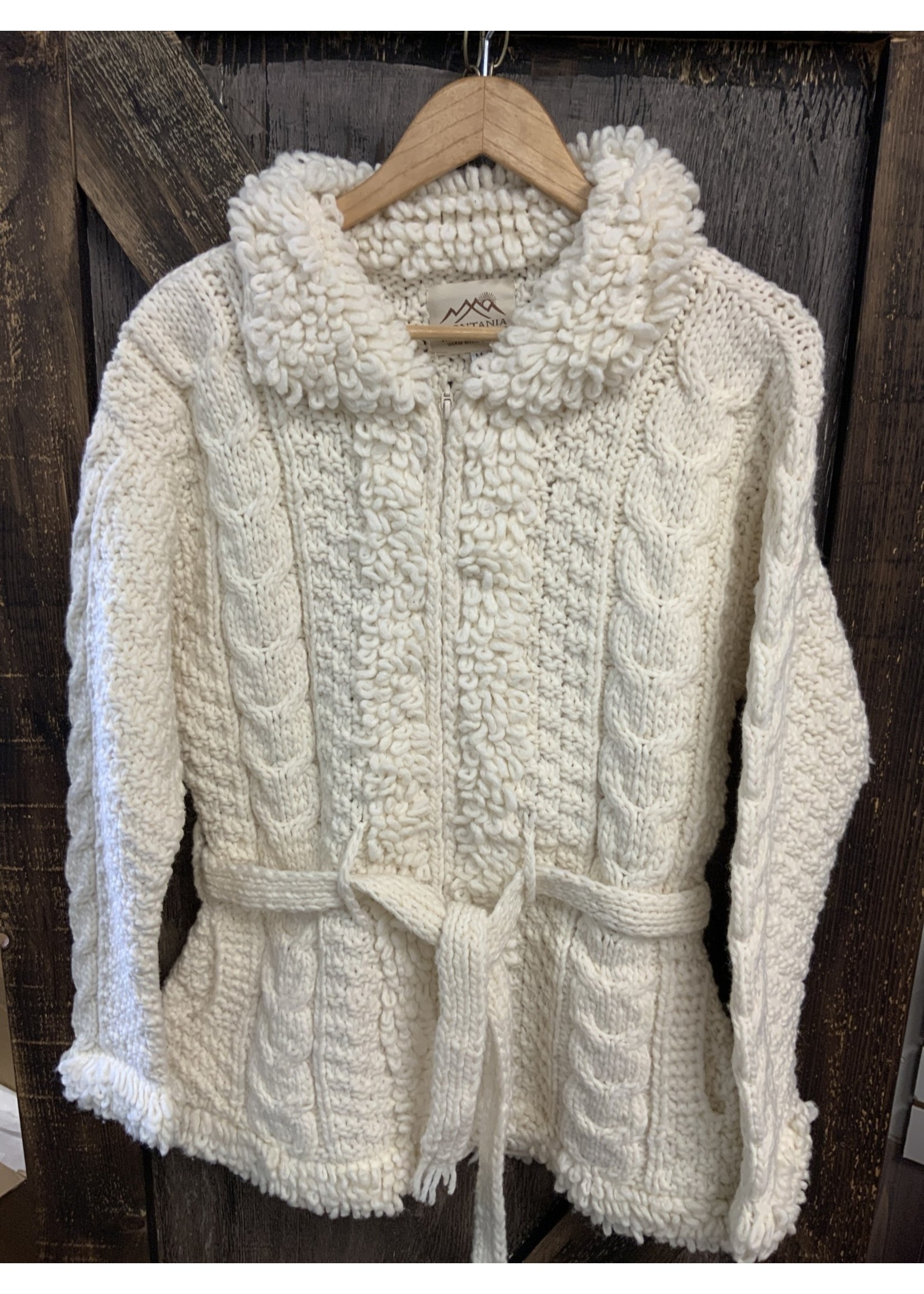 LADIES IVORY POODLE SWEATER WITH BELT