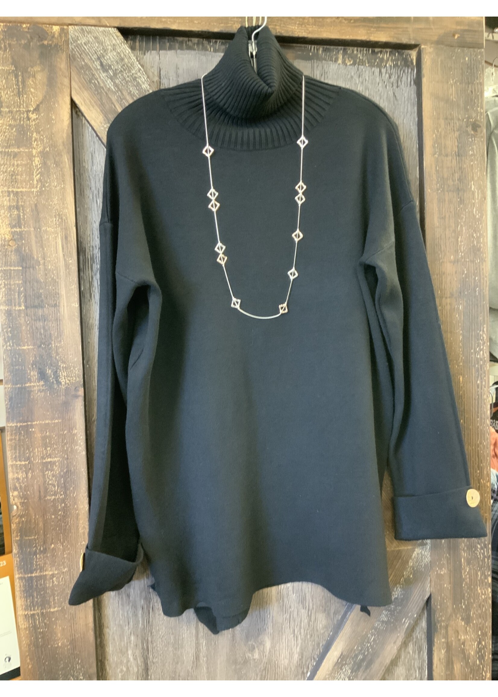 LADIES CASUAL TURTLE NECK LONG SWEATER W/CUFF BUTTON BLACK 65003 S/M
