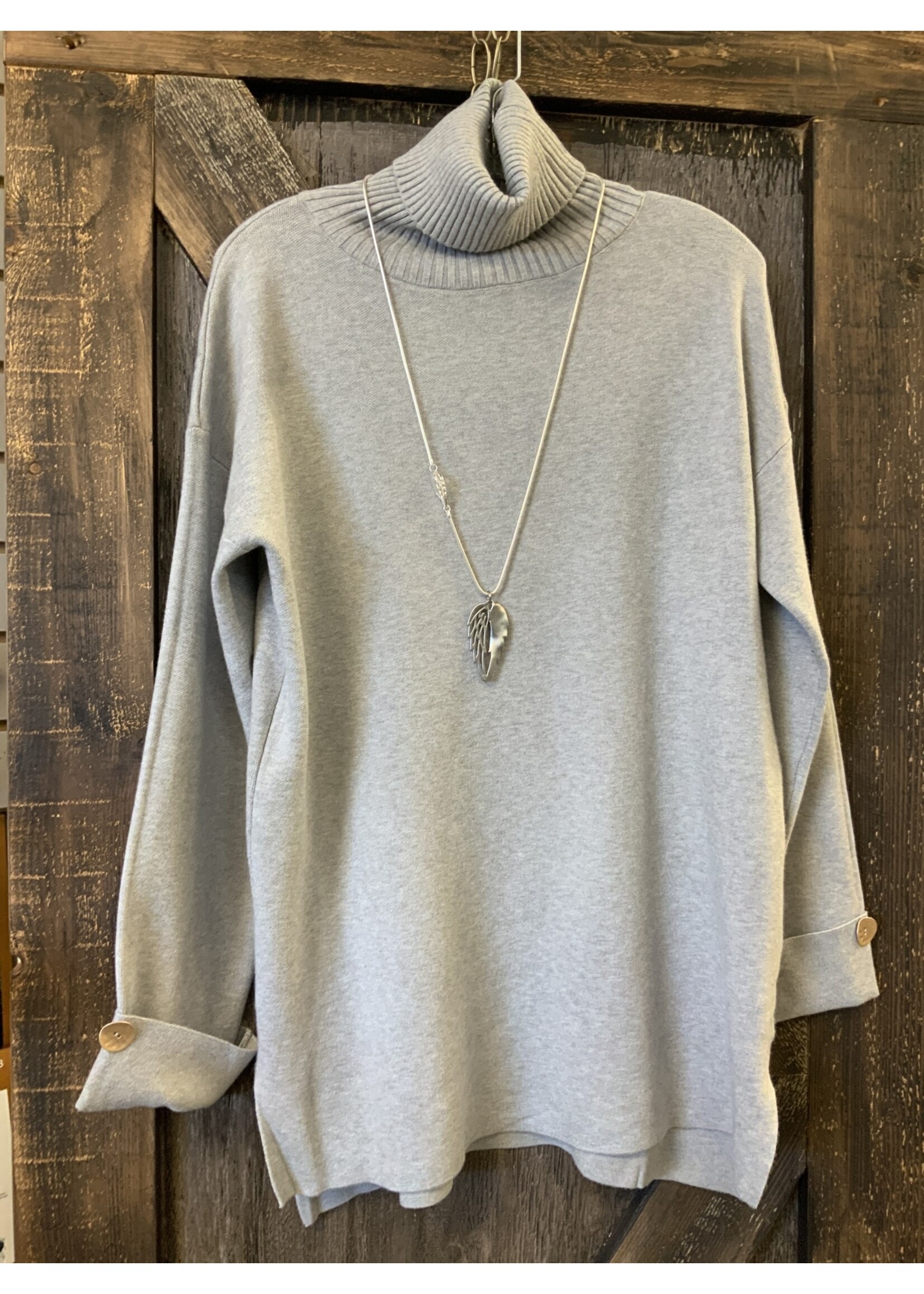 LADIES CASUAL TURTLE NECK LONG SWEATER W/CUFF BUTTON GREY 65003 S/M