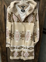 Love Ever After LADIES CARDIGAN AZTEC STRIPE SAND/IVORY/CHICORY/COFFEE/ROSE TAN Lrg