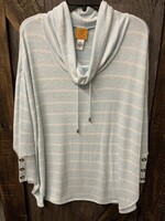 RUBY ROAD LADIES COWL NECK POWDER BLUE W/WHT STRIPE W/BUTTON SLEEVE 2X