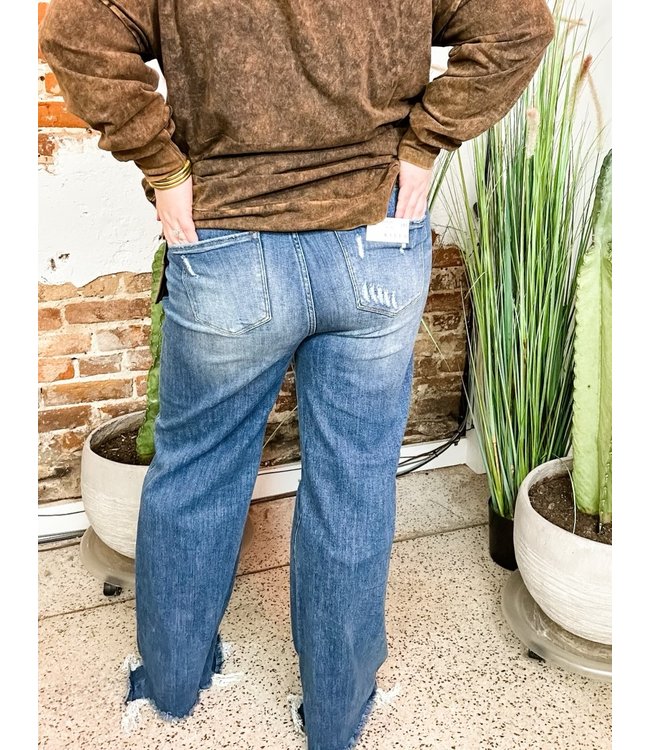 high rise distressed wide leg jeans