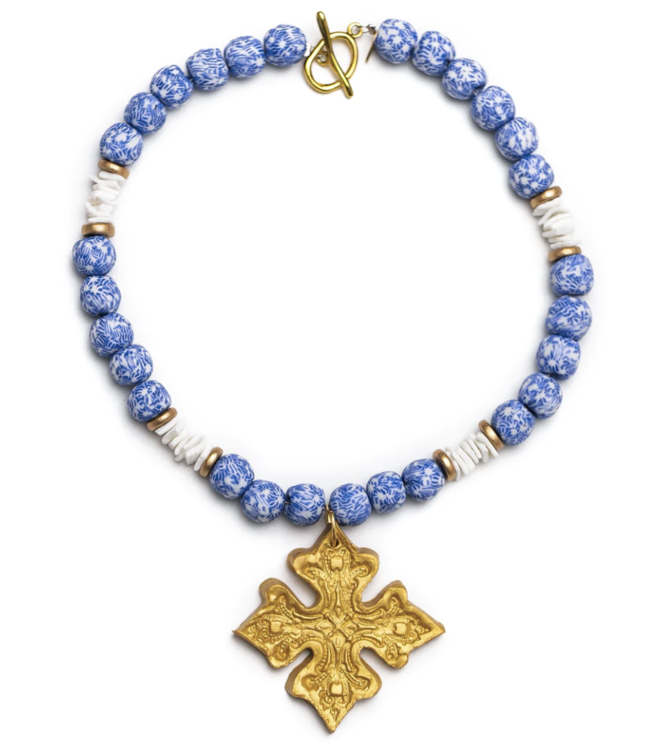 Blue & White African Sea Glass with Kadesha Cross Necklace