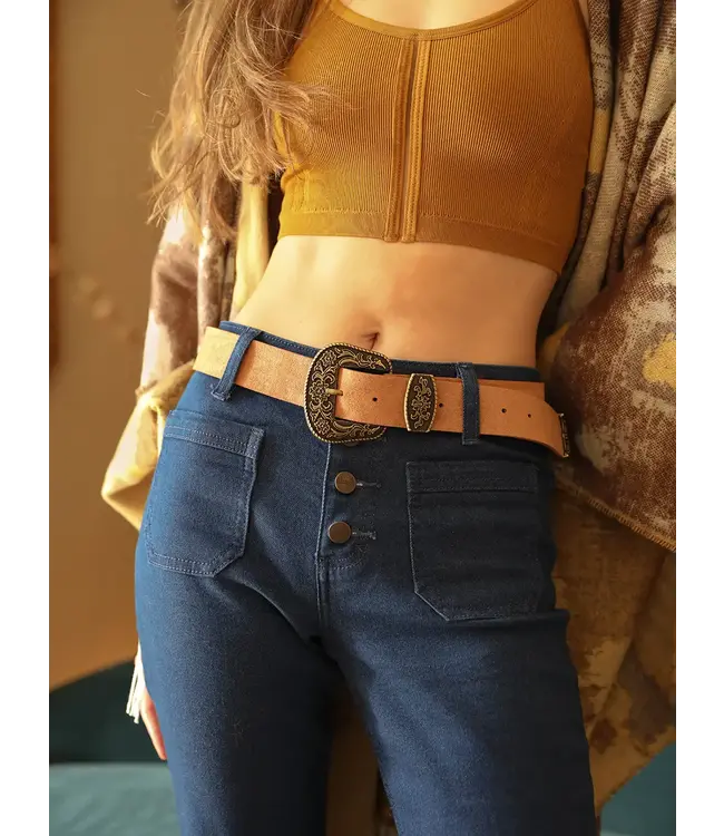 Suede Western Buckle Belt Camel