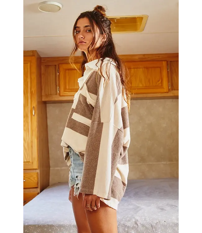 T1211 Striped Collared Pullover Sweatshirt Meri s Boutique