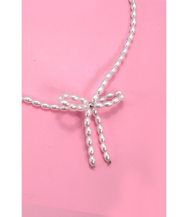 80N457 Pearl Bead Bow Ribbon Necklace