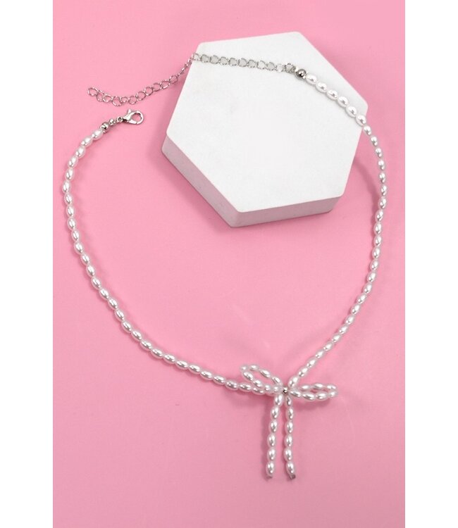 80N457 Pearl Bead Bow Ribbon Necklace