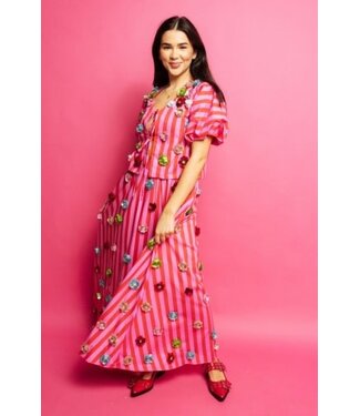 Queen of Sparkles Hot Pink Stripe Sequin Flower Cotton Maxi Skirt