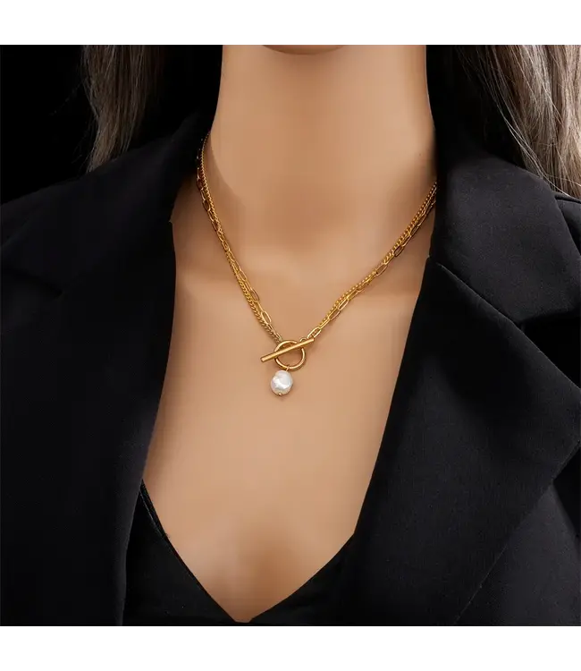 Titanium Steel Layered Necklace w/ Pearl