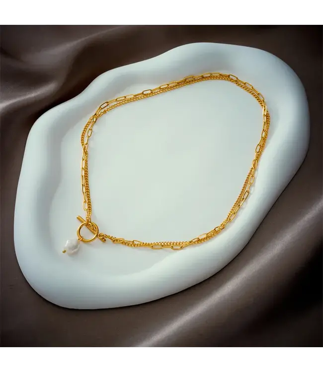 Titanium Steel Layered Necklace w/ Pearl