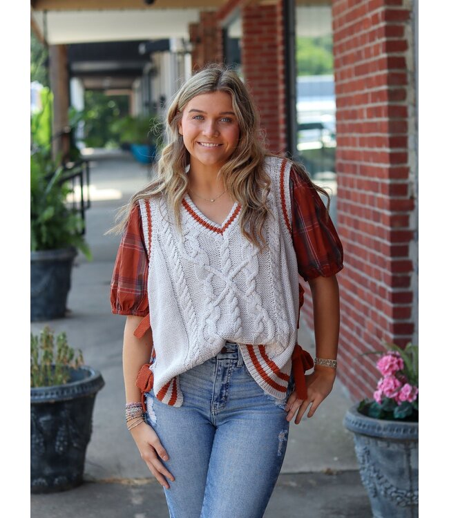 V-Neck Cable Vest w/ Plaid Sleeve