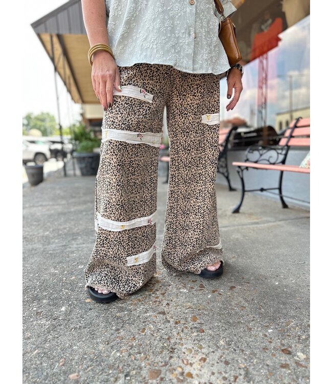 Leopard Pants with Floral Embroidery