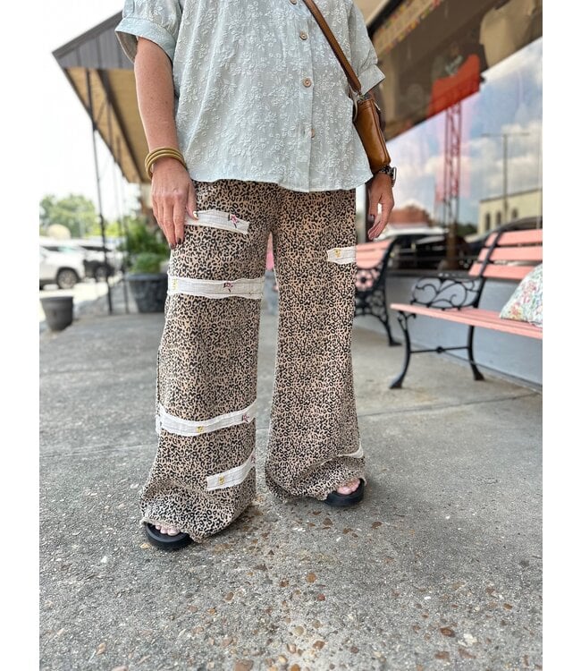 Leopard Pants with Floral Embroidery