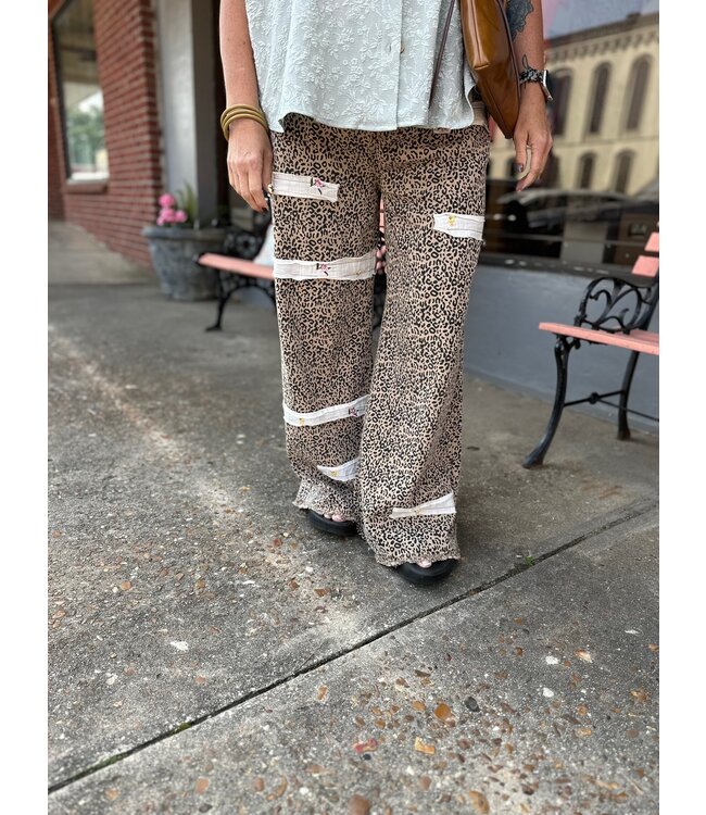 Leopard Pants with Floral Embroidery