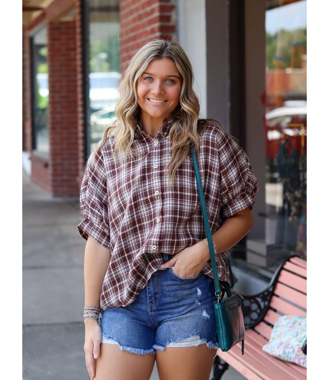 Plaid Button Up Short Sleeve Top