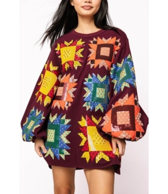 Patchwork Balloon Sleeve Dress
