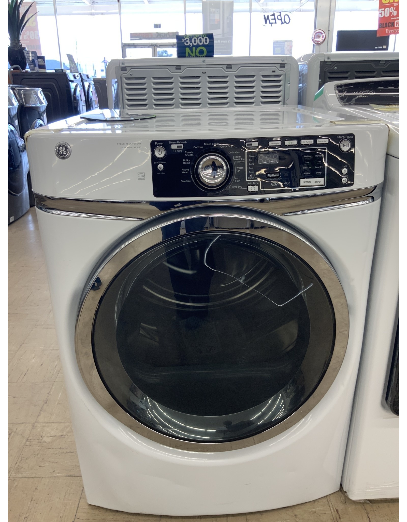 GE GFD48ESSKWW 8.3 cu. ft. 240 Volt White Stackable Electric Vented Dryer with Steam, ENERGY STAR