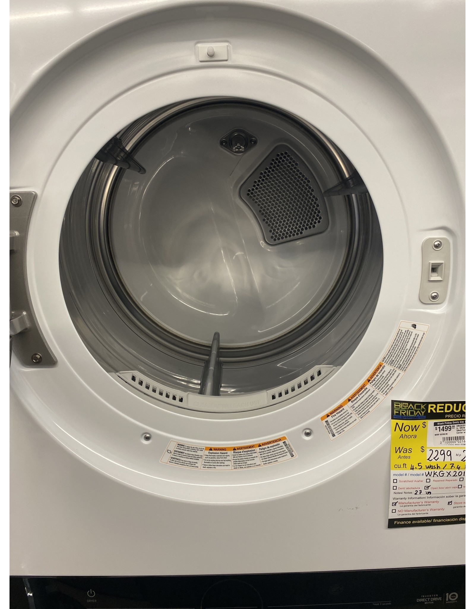 LG Electronics WKGX201HWA 27 in. White WashTower Laundry Center with 4.5 cu. ft. Washer and 7.4 cu. ft. Gas Dryer