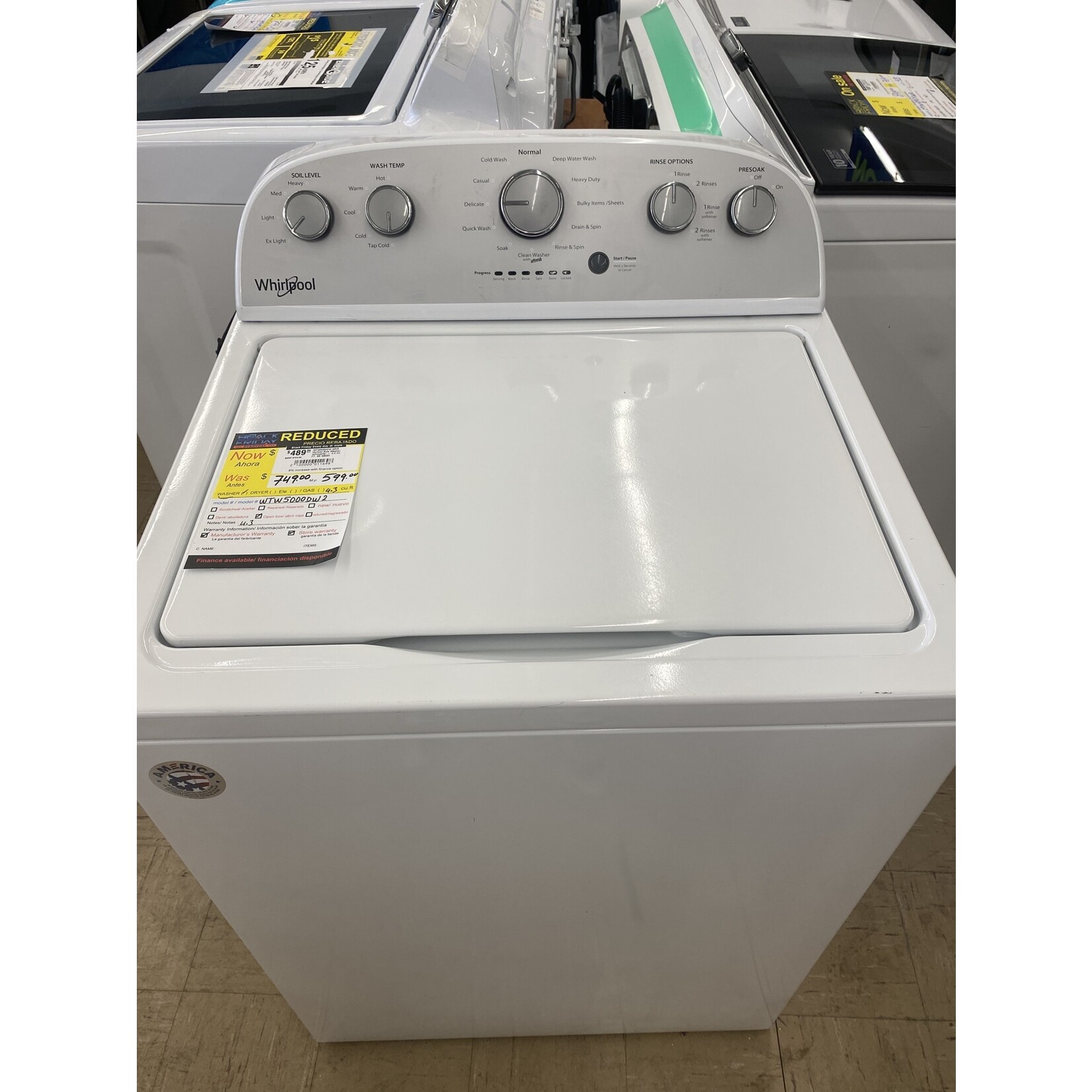 Whirlpool WTW5000DW USED WHIRLPOOL 15 DAY WARRENTY Vertical Axis Washer w/Impeller - 4.3 CU FT