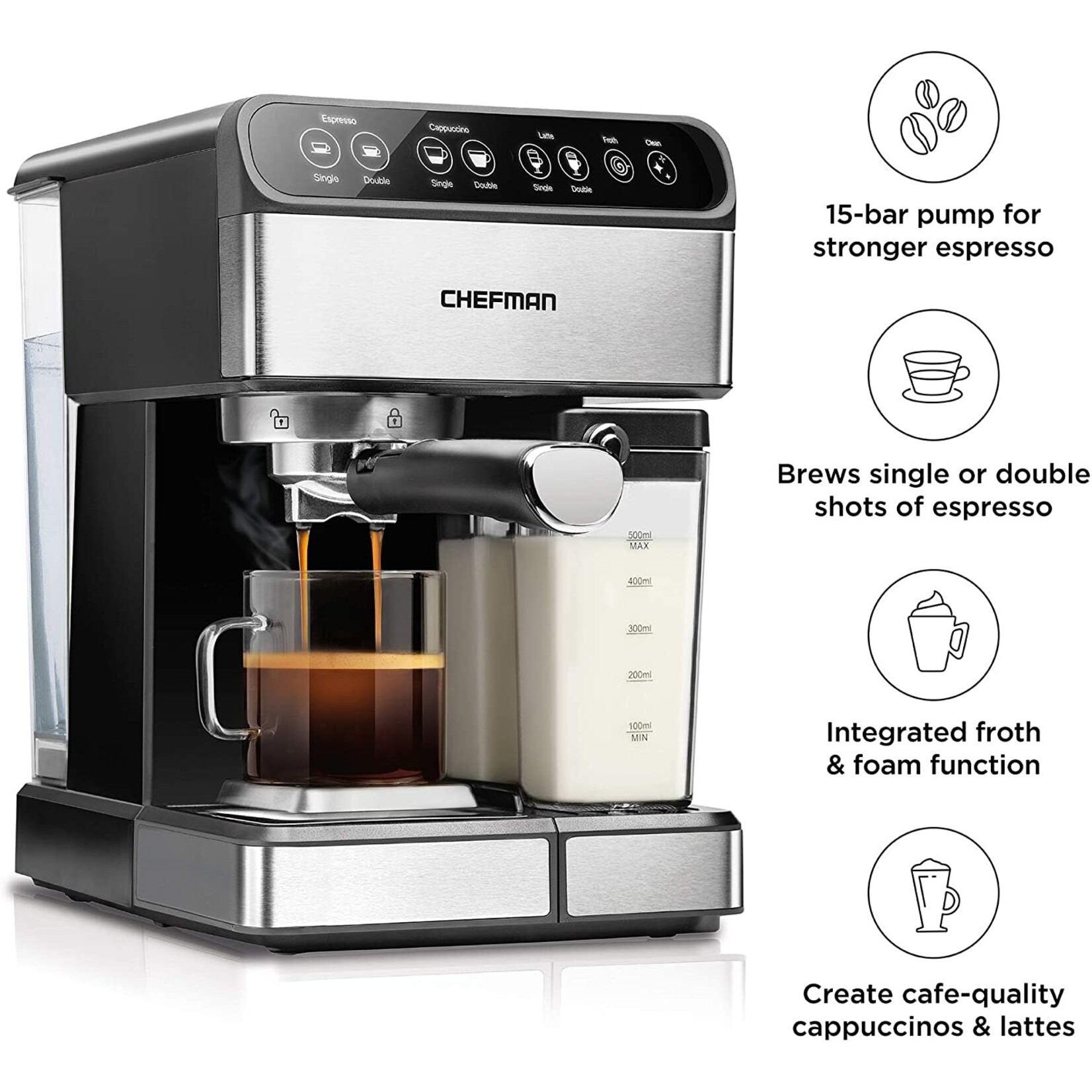 RJ54 Chefman 6-in-1 Stainless Steel 15-Bar Pump Espresso Machine