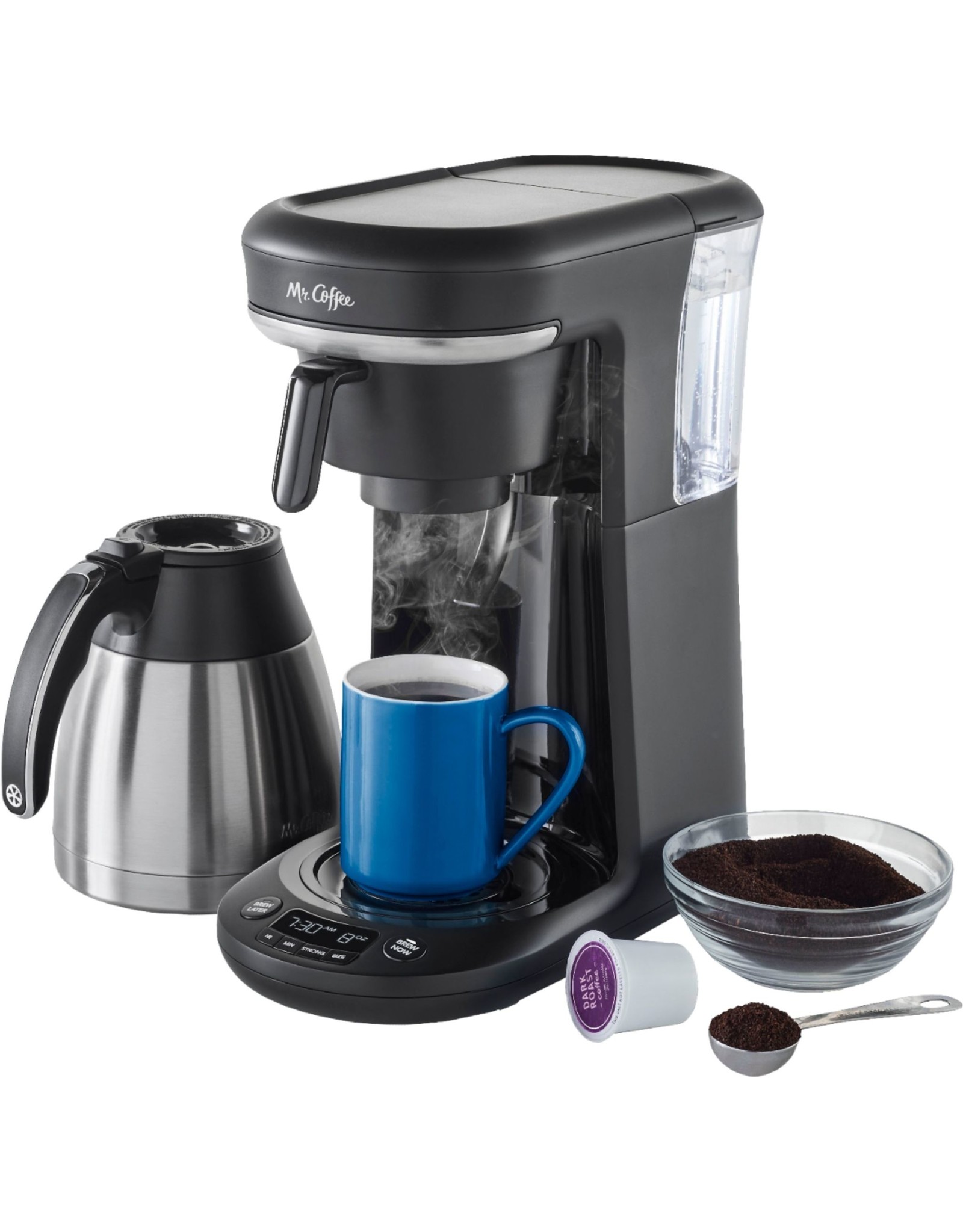 mr. coffee 2121469 Mr. Coffee - Space-Saving Combo 10-Cup Coffee Maker and Pod Single Serve Brewer - Stainless-Steel/Black