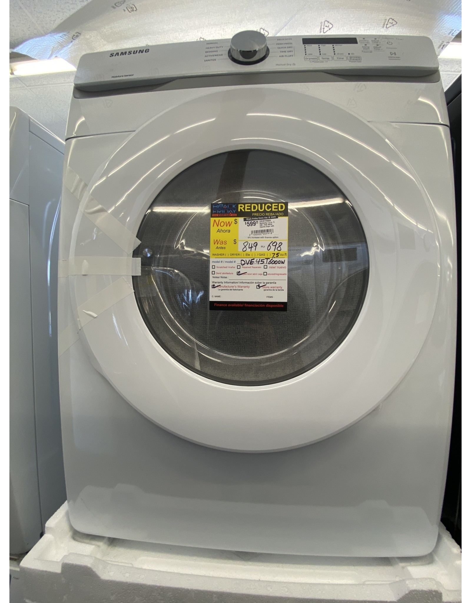 SAMSUNG Ck. DVE45T6000W Samsung 7.5 cu. ft. 240-Volt White Electric Dryer with Sensor Dryer (Pedestals Sold Separately)