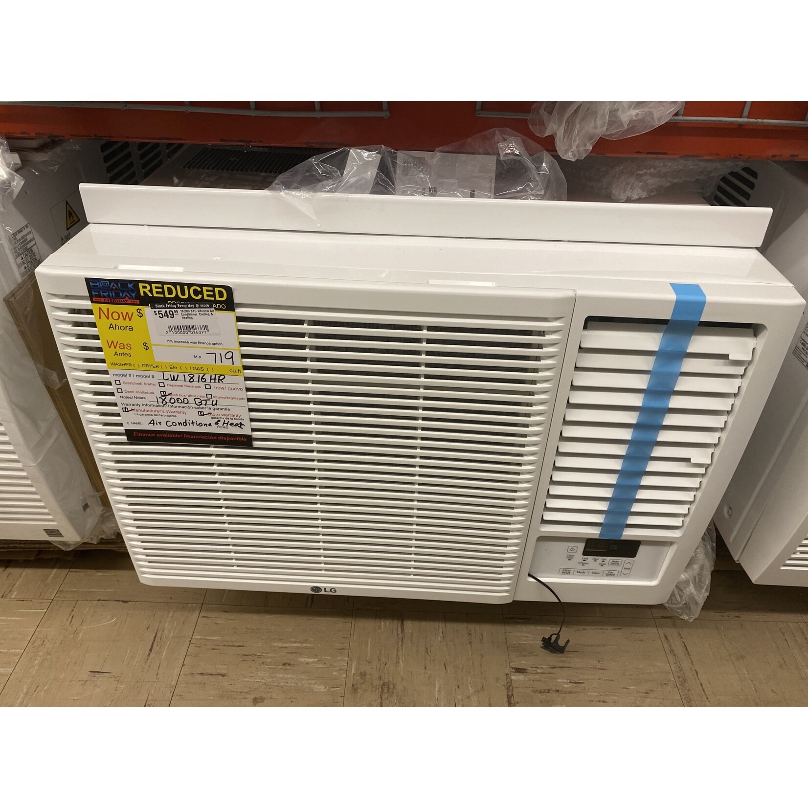 LG Electronics LW1816HR LG 18,000 BTU Window Air Conditioner with Supplemental Heat, Cools 1,000 Sq.Ft. (25' x 40' Room Size), Electronic Controls with Remote, 2 Cooling, Heating & Fan Speeds, Slide In-Out Chassis, 230/208V
