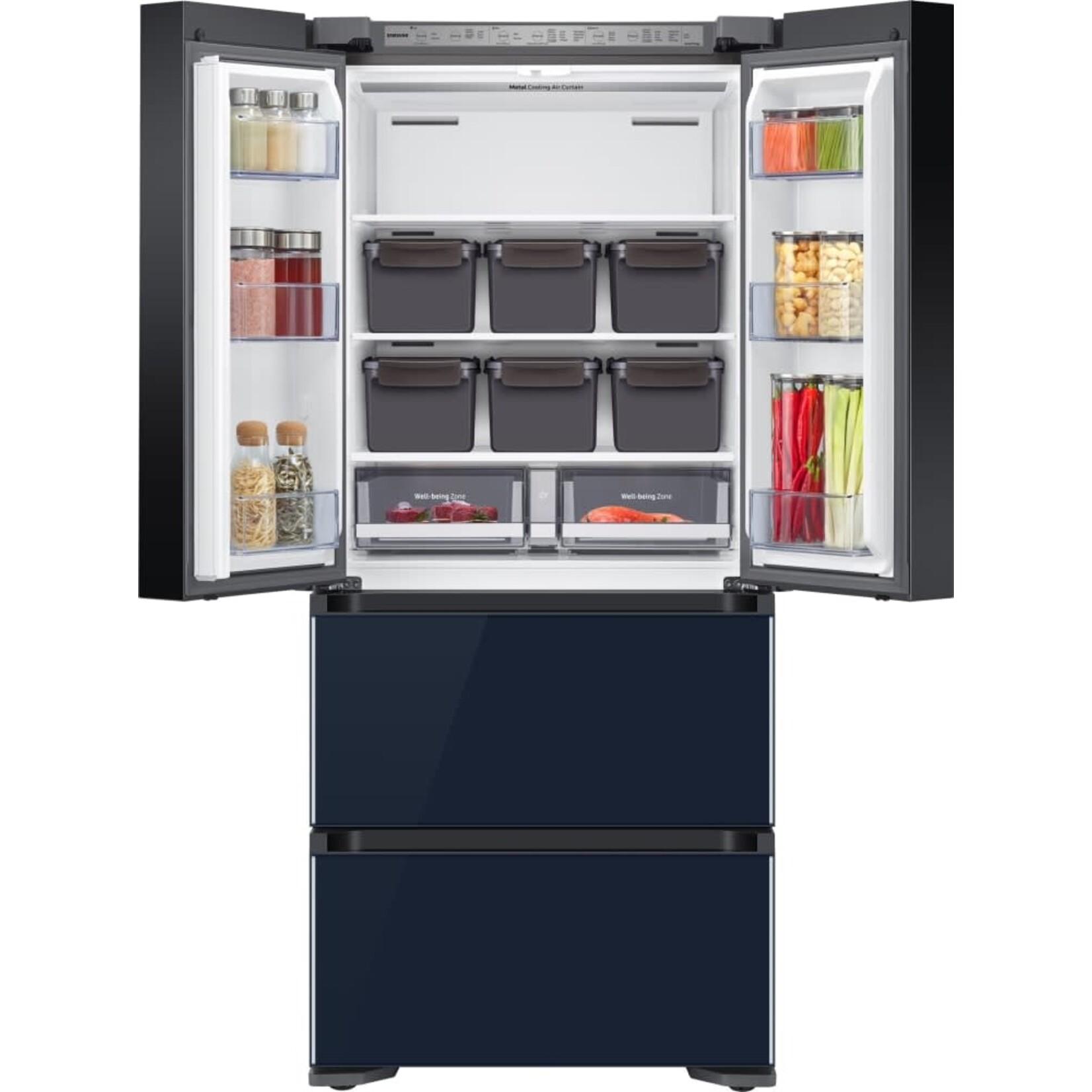 SAMSUNG #RQ48T94B277 17.3 cu. ft. Kimchi and Beverage 4-Door French Door Refrigerator in Clean Navy and White