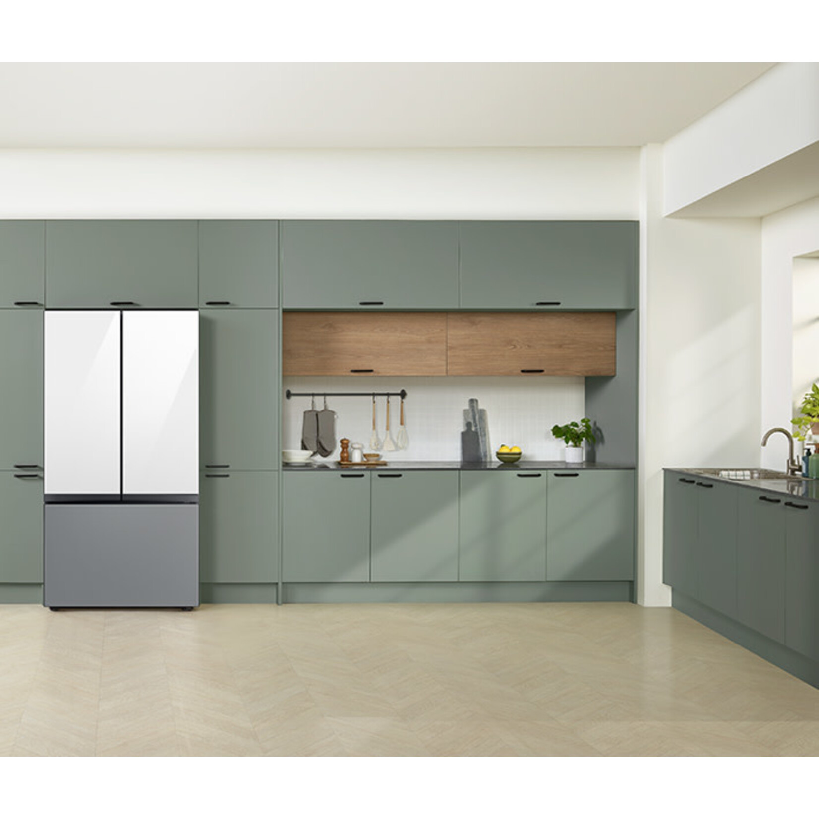SAMSUNG #*RF30BB660012 Bespoke 30 cu. ft. 3-Door French Door Smart Refrigerator with Beverage Center in White Glass, Standard Depth