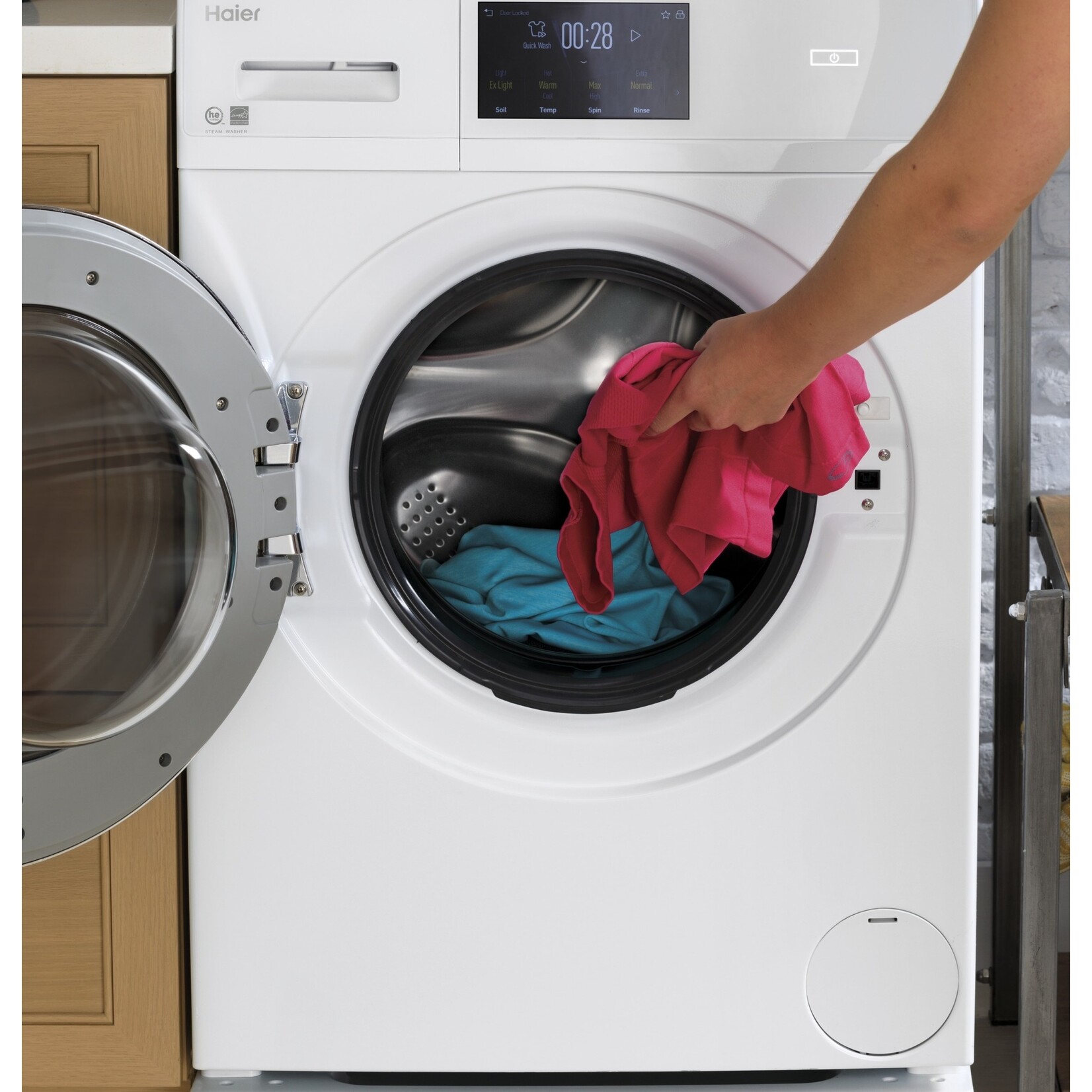 Haier Appliances *QFW150SSNWW V2.4 cu. ft. Smart High-Efficiency Stackable White Front Load Washing Machine with Steam, ENERGY STAR