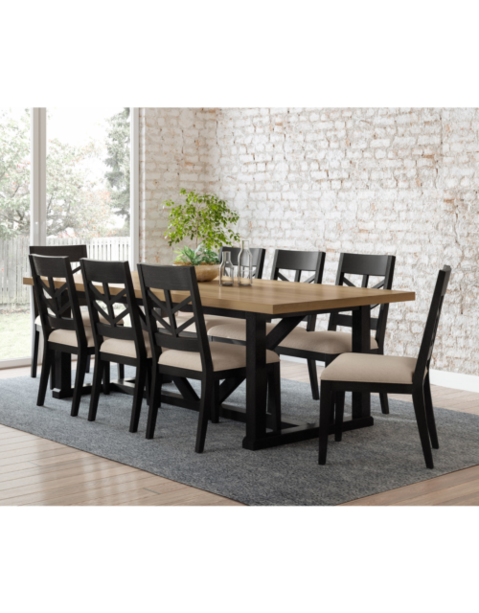 MORRISON 1570142 Morrison 9-piece Dining Set Features: Natural Brown Finished Top Black Finished Base Mahogany Solids and Oak Veneers Seats Upholstered in Stain Resistant Beige Fabric Adjustable Levelers