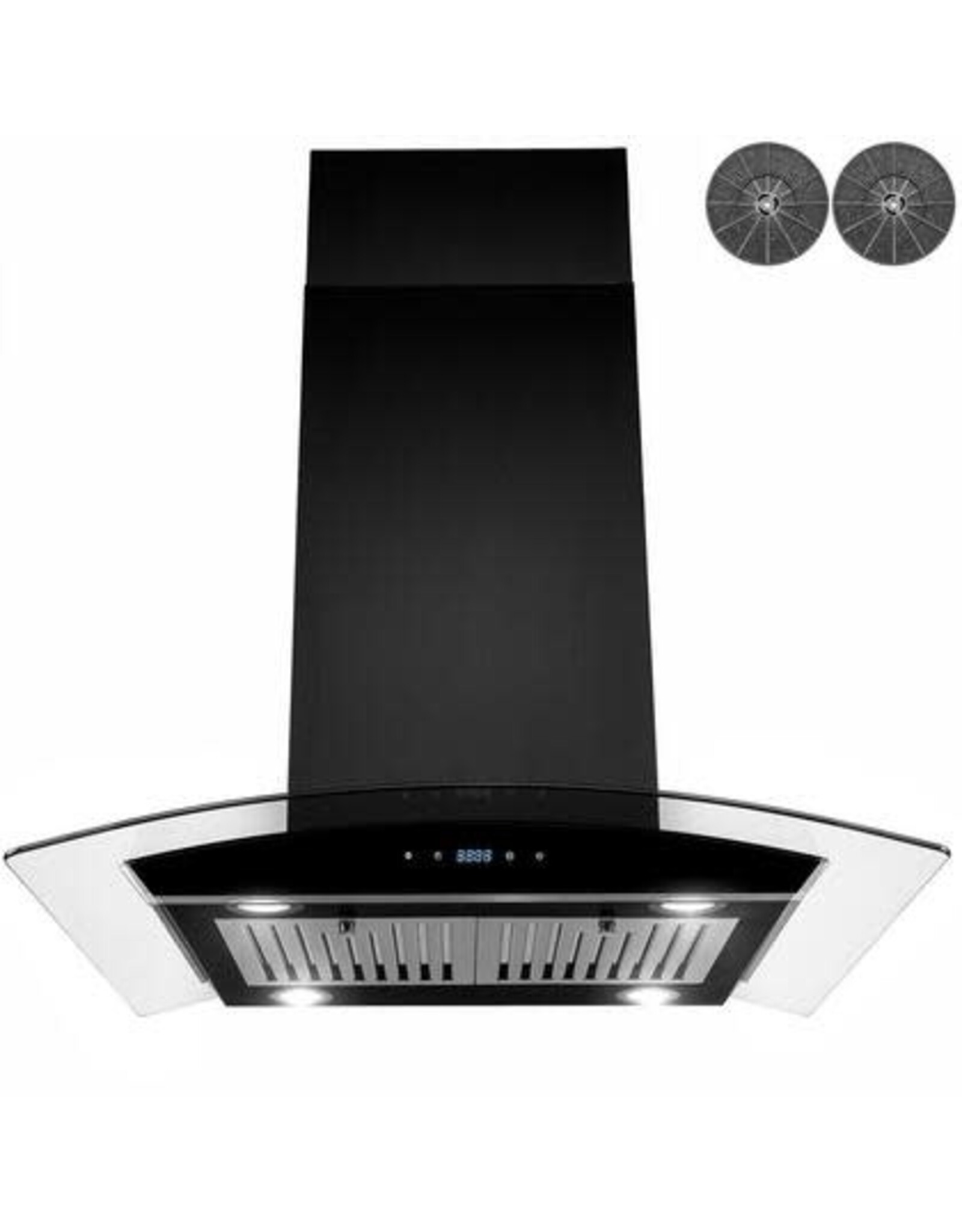 AKDY RH0480  AKDY 30 in. 343 CFM Convertible Kitchen Island Mount Range Hood in Black Painted Stainless Steel with Tempered Glass