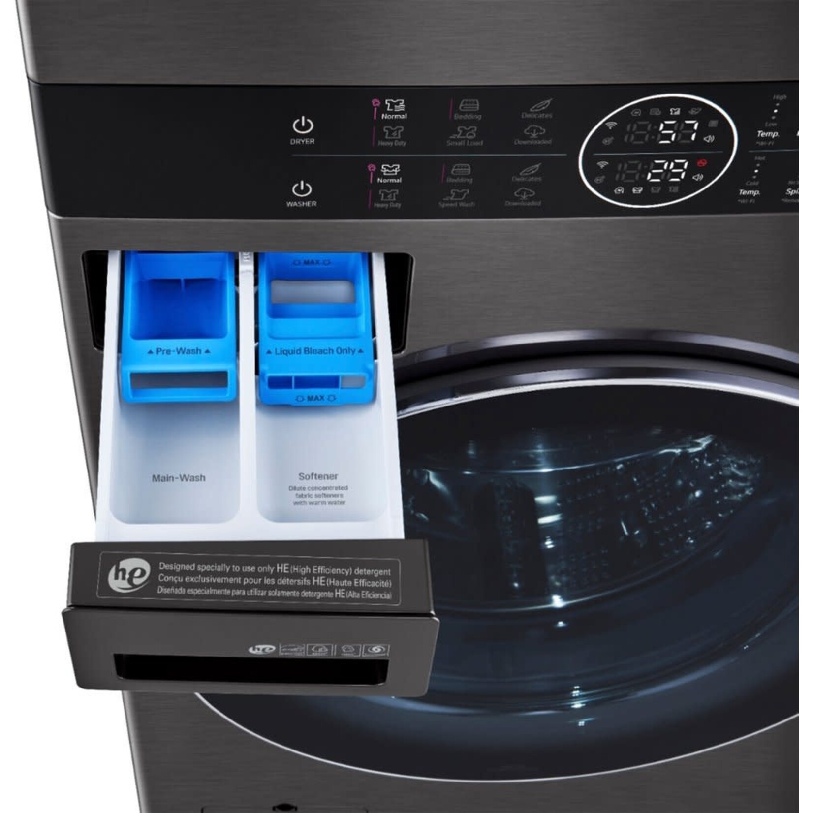 LG Electronics #WKEX200HBA WashTower Stacked SMART Laundry Center 4.5 Cu.Ft. Front Load Washer & 7.4 Cu.Ft. Electric Dryer in Black Steel w/ Steam