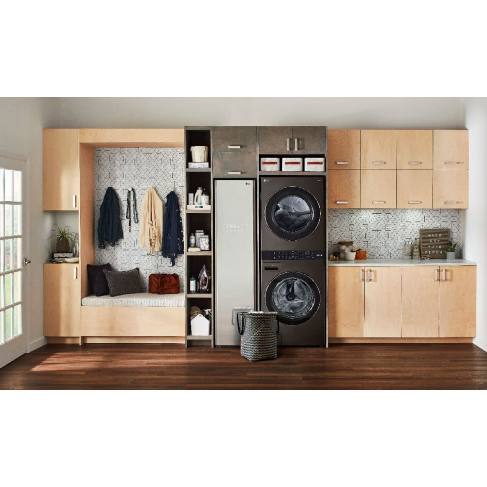 LG Electronics #WKEX200HBA WashTower Stacked SMART Laundry Center 4.5 Cu.Ft. Front Load Washer & 7.4 Cu.Ft. Electric Dryer in Black Steel w/ Steam
