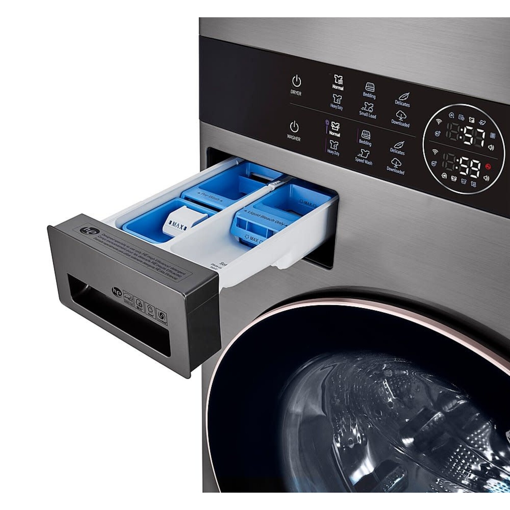 LG Electronics #WKE100HVA - LG Single Unit Front Load LG WashTower™ in Graphite Steel with Center Control™ 4.5 cu. ft. Washer and 7.4 cu. ft. Electric Dryer