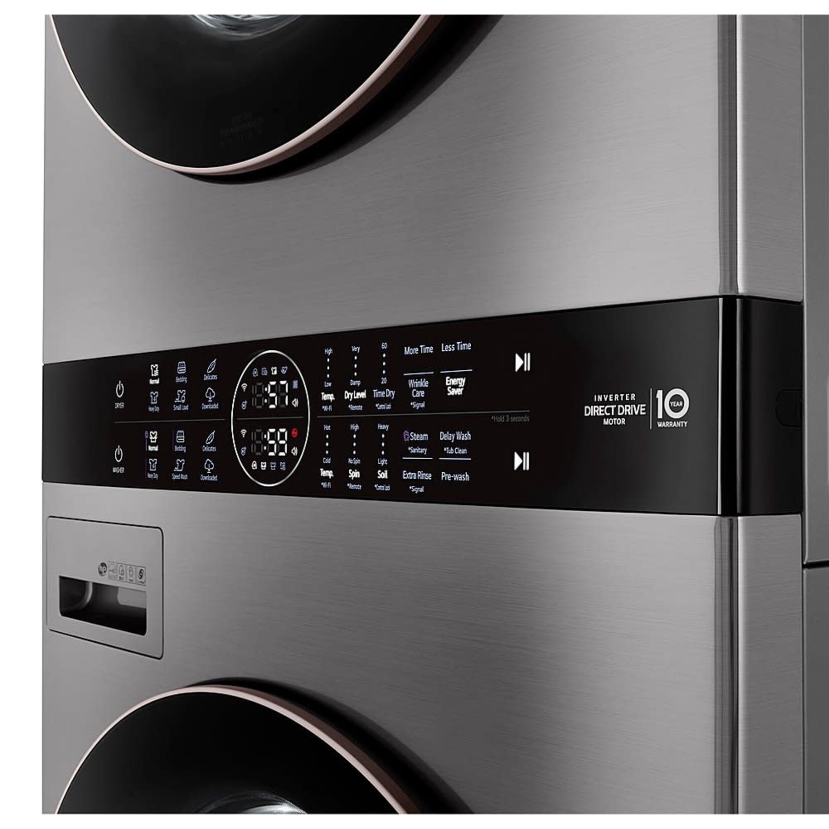 LG Electronics #WKE100HVA - LG Single Unit Front Load LG WashTower™ in Graphite Steel with Center Control™ 4.5 cu. ft. Washer and 7.4 cu. ft. Electric Dryer