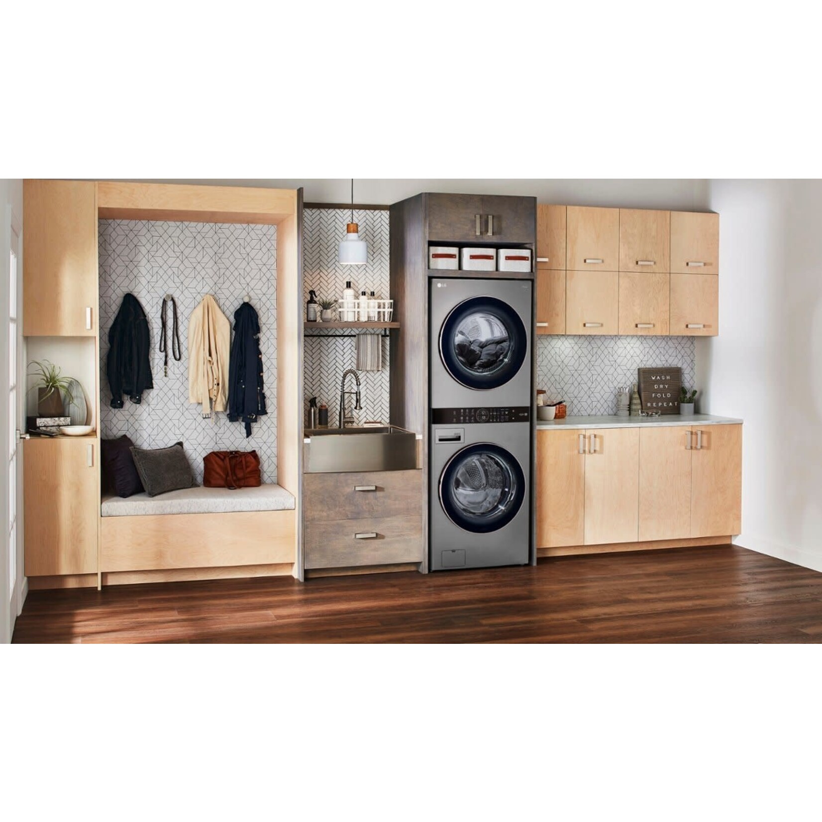 LG Electronics #WKE100HVA - LG Single Unit Front Load LG WashTower™ in Graphite Steel with Center Control™ 4.5 cu. ft. Washer and 7.4 cu. ft. Electric Dryer