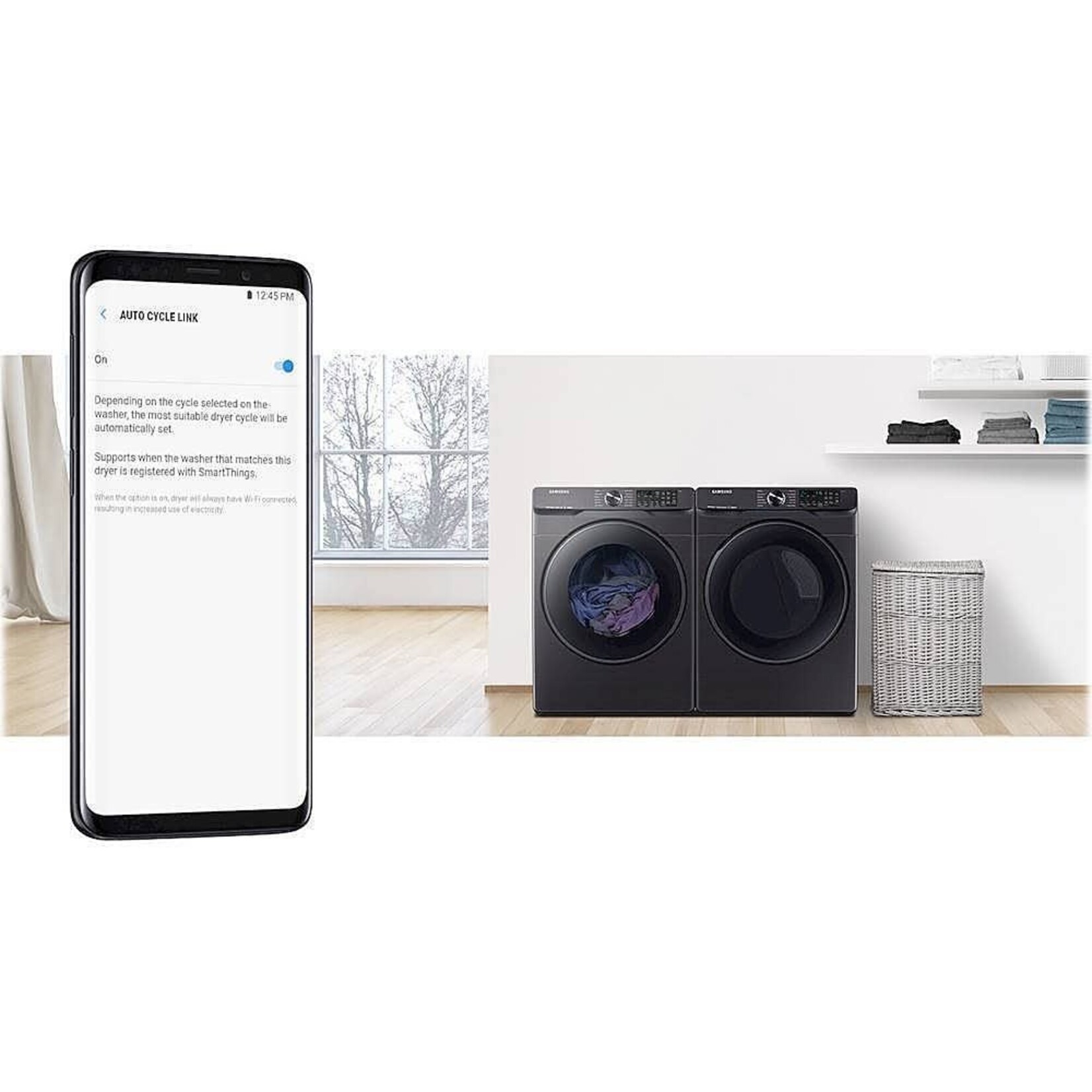 SAMSUNG DVG50R8500V Samsung 7.5 cu. ft. 120-Volt Black Stainless Steel Front Load Gas Dryer with Steam Sanitize+ (Pedestals Sold Separately)