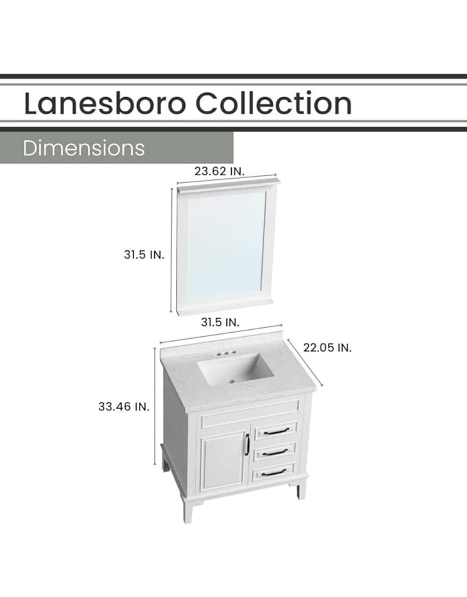 Hanover lanesboro Hanover Lanesboro 31'' Vanity Cabinet with Sink Combo for Bathroom, Powder Room | Pre-Assembled Cabinet| Accent Mirror | Artificial Stone Countertop, White Cabinet | HANVN0105-31-0WH