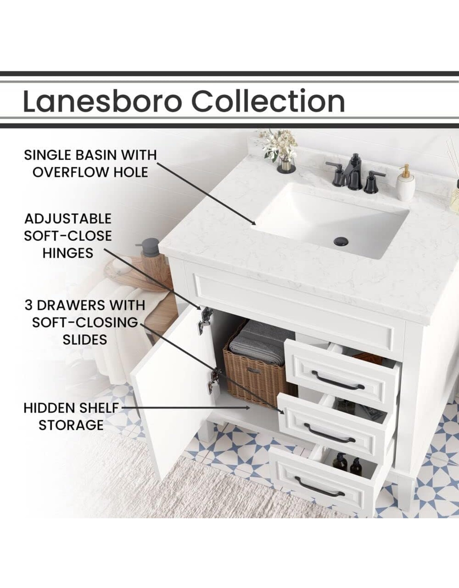 Hanover lanesboro Hanover Lanesboro 31'' Vanity Cabinet with Sink Combo for Bathroom, Powder Room | Pre-Assembled Cabinet| Accent Mirror | Artificial Stone Countertop, White Cabinet | HANVN0105-31-0WH