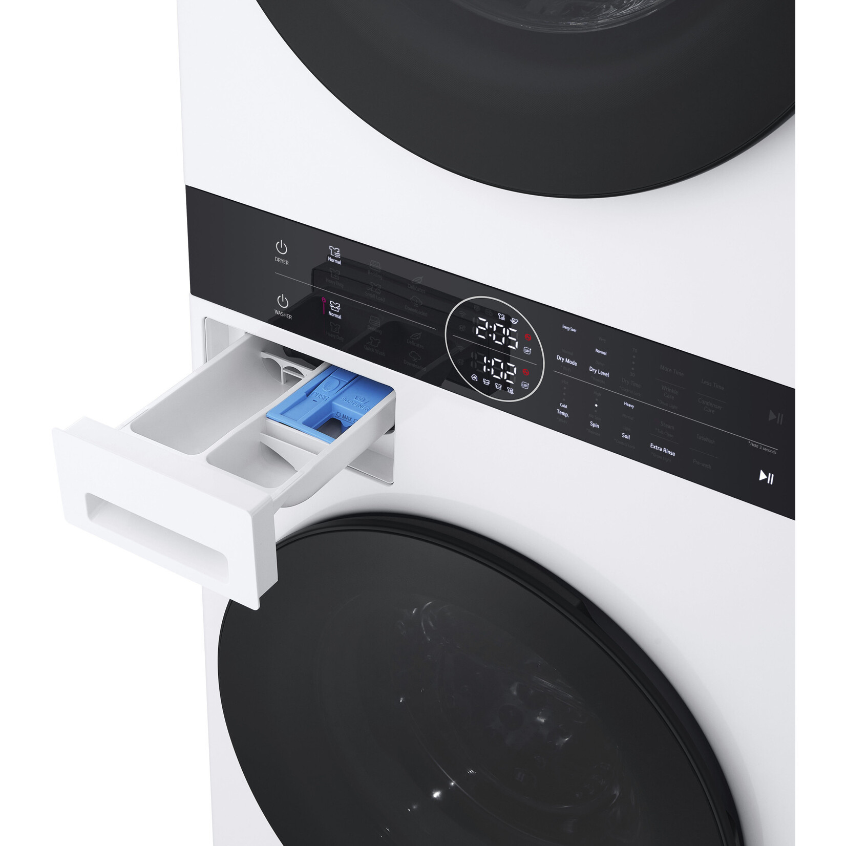 LG #WKHC152HWA - LG 2.4 cu. ft. Washer, 4.2 cu. ft. Dual Inverter Heat Pump Ventless Electric Dryer, Washtower, Center Control AIDD in White