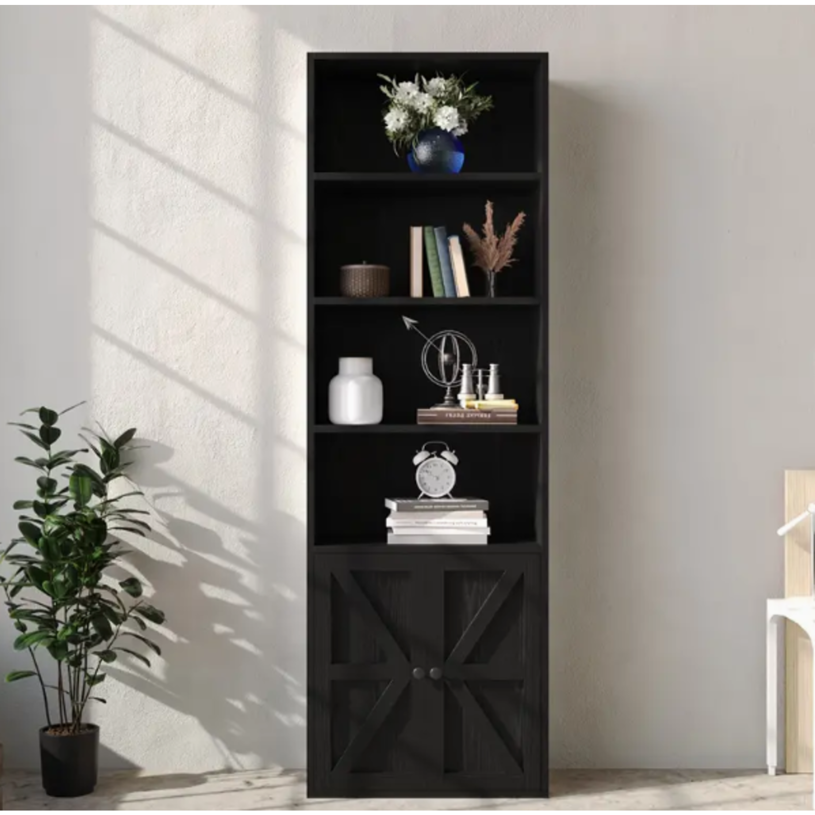 Black 6 Tier Tall Wide Corner Bookcase with Doors Storage for Home Office