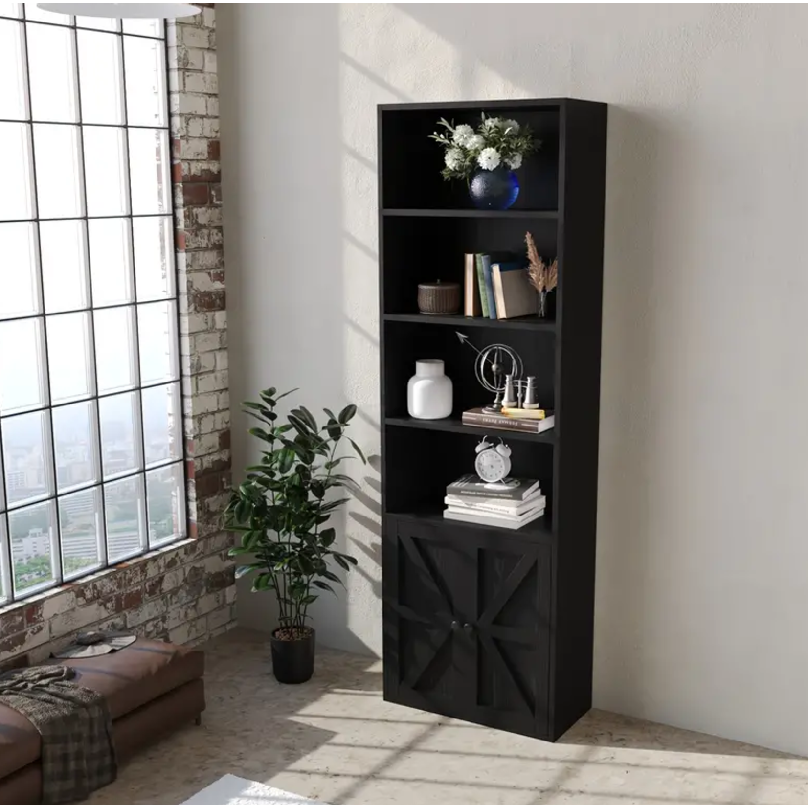 Black 6 Tier Tall Wide Corner Bookcase with Doors Storage for Home Office