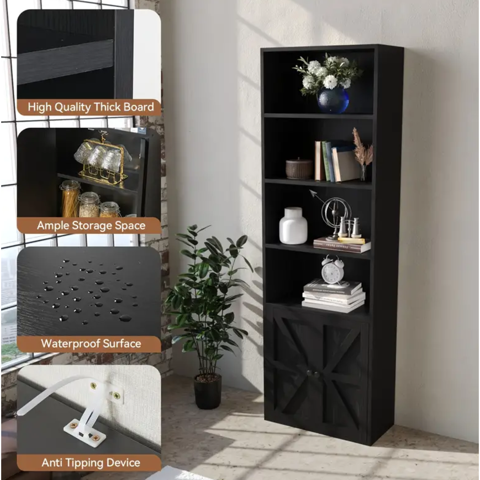 Black 6 Tier Tall Wide Corner Bookcase with Doors Storage for Home Office